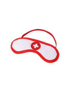 White nurse-themed eye mask with red trim and red cross emblem from the Nurse Bondage Kit