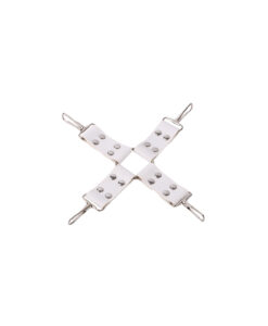 White leather hogtie connector with four swivel snap hooks from the Nurse Bondage Kit