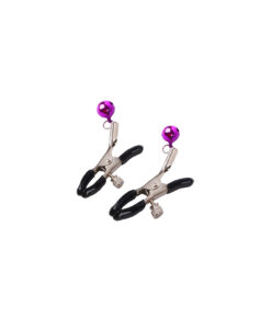 Silver nipple clamps with purple bells from the Nurse Bondage Kit on a white background