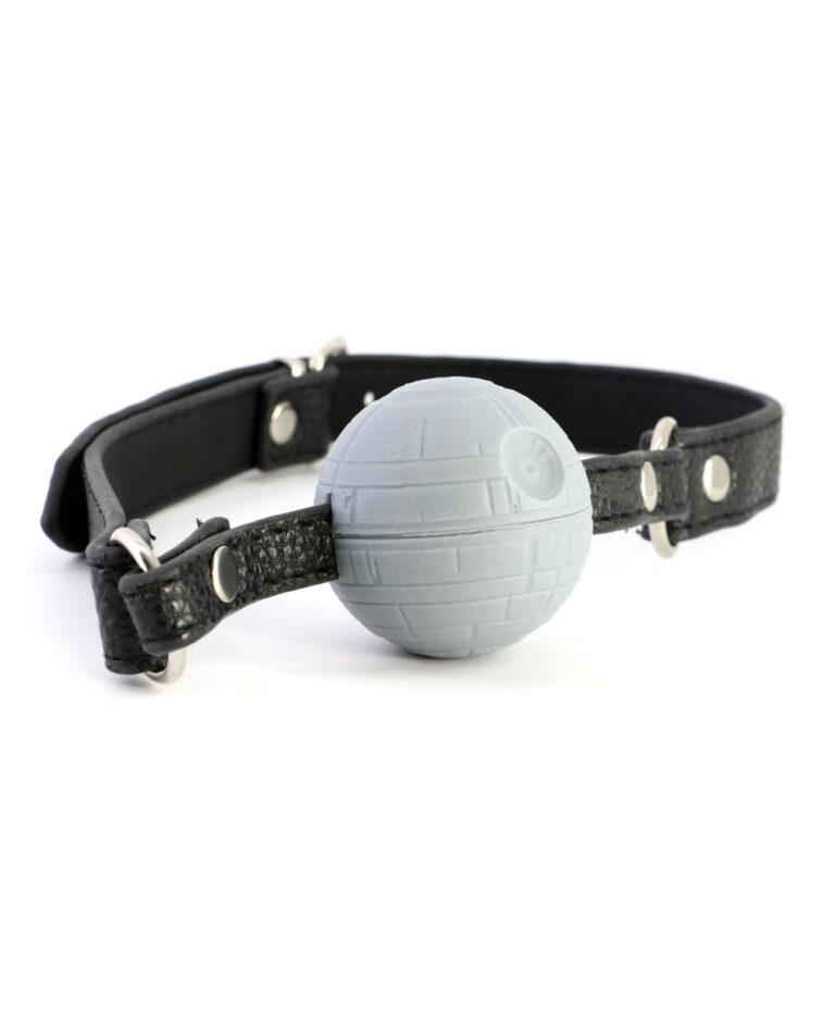 Grey sci-fi Space Station Ball Gag with sculpted panel details, black leather strap and silver hardware