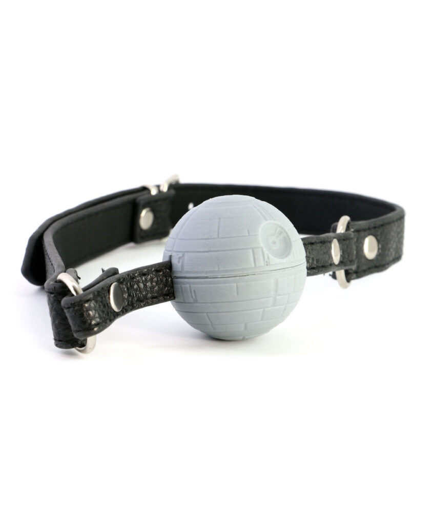 Grey sci-fi Space Station Ball Gag with sculpted panel details, black leather strap and silver hardware