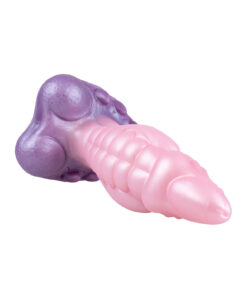Angled view of the Fae King Dragon Dildo base with claw-like sculptural elements in deep purple
