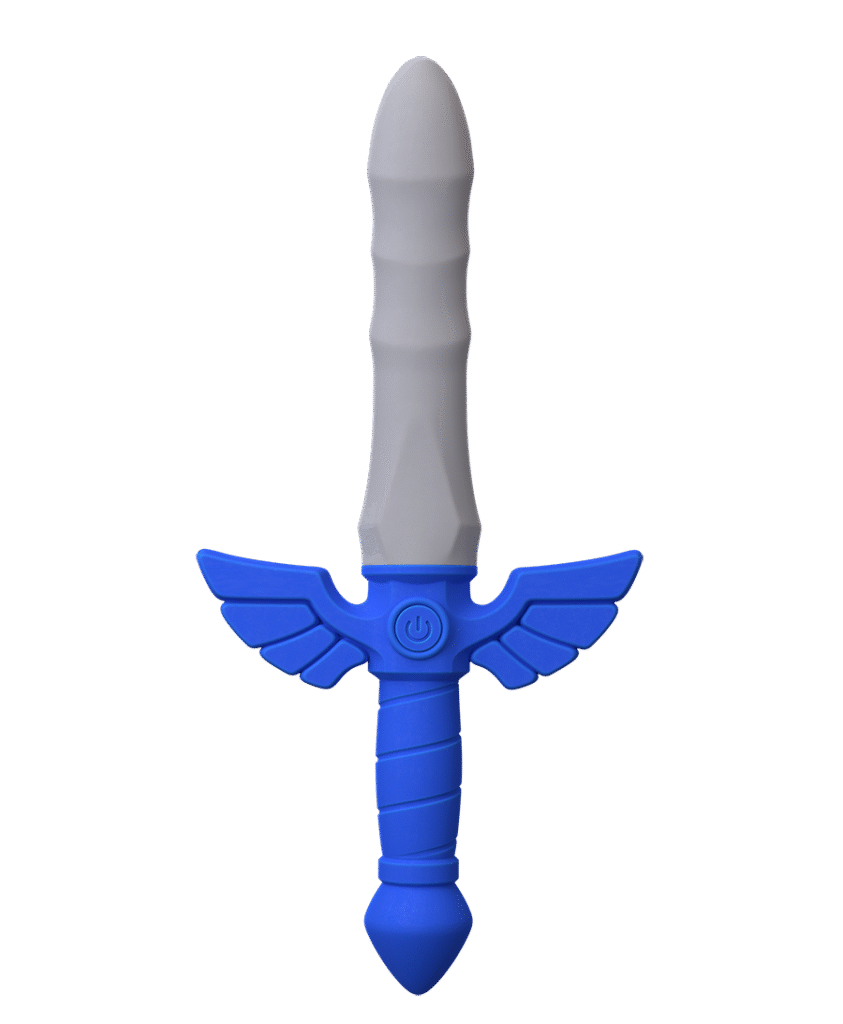 Blue and gray Master Vibe Sword Dildo with wing-shaped crossguard and power button, front view
