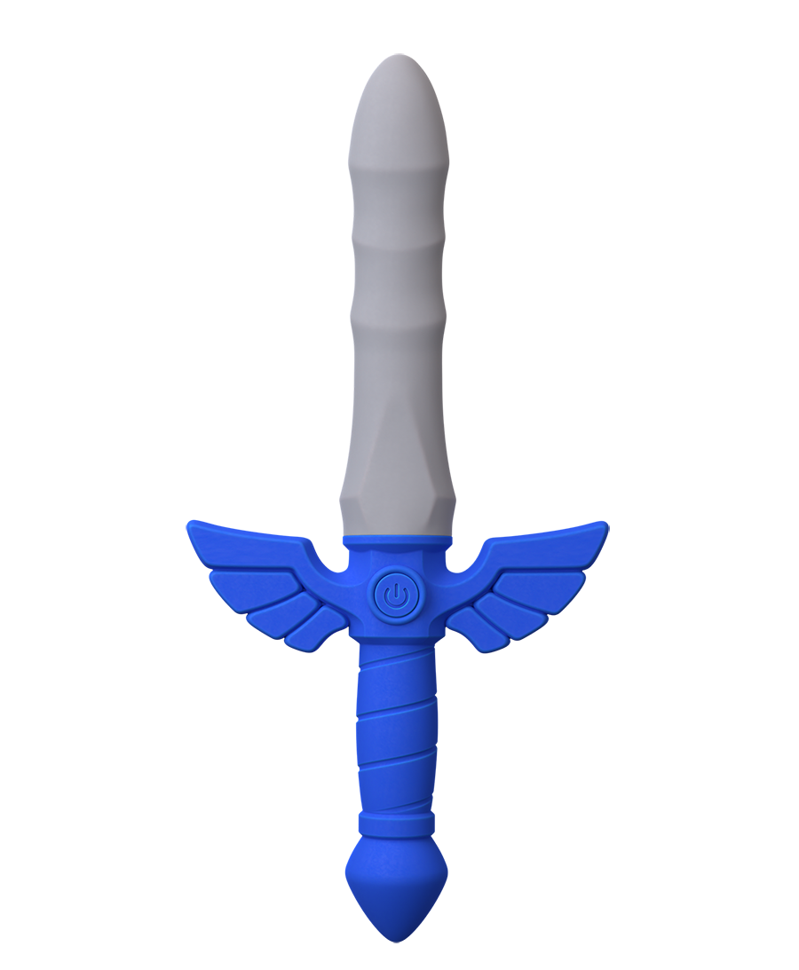 Blue and gray Master Vibe Sword Dildo with wing-shaped crossguard and power button, front view