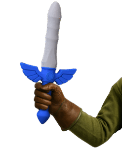 Master Vibe Sword Dildo held in Link-style gauntlet showing blue hilt and gray blade at angle