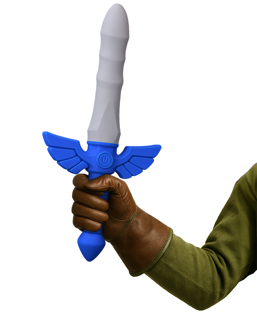 Master Vibe Sword Dildo held in Link-style gauntlet showing blue hilt and gray blade at angle