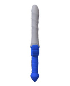 Vertical view of the Master Vibe Sword Dildo with blue ribbed handle and gray textured shaft