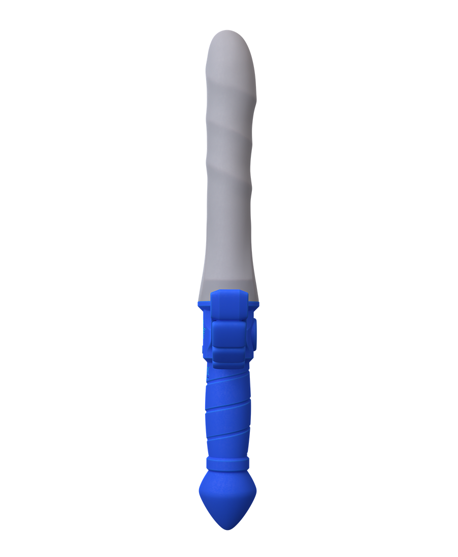 Vertical view of the Master Vibe Sword Dildo with blue ribbed handle and gray textured shaft