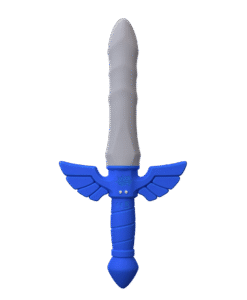 Front view of the Master Vibe Sword Dildo showing Geeky Sex Toys branding and charging contacts