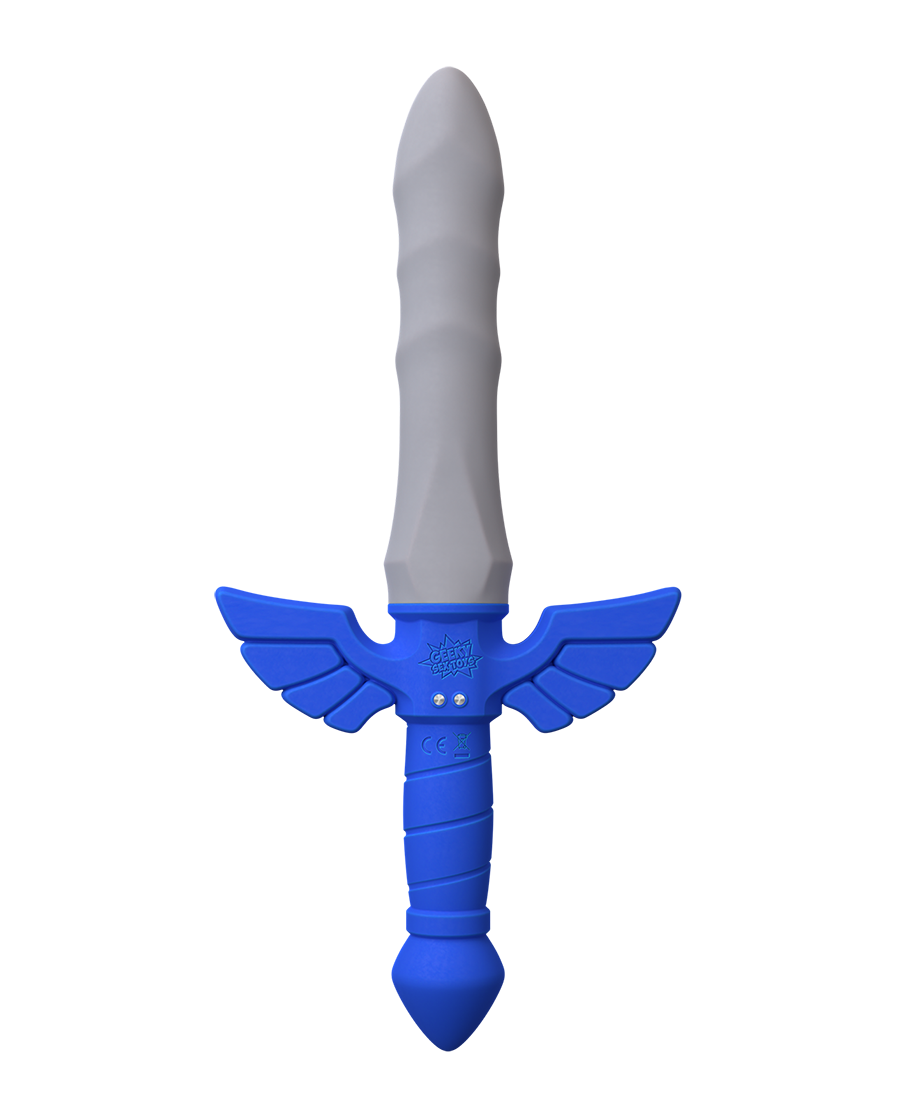 Front view of the Master Vibe Sword Dildo showing Geeky Sex Toys branding and charging contacts