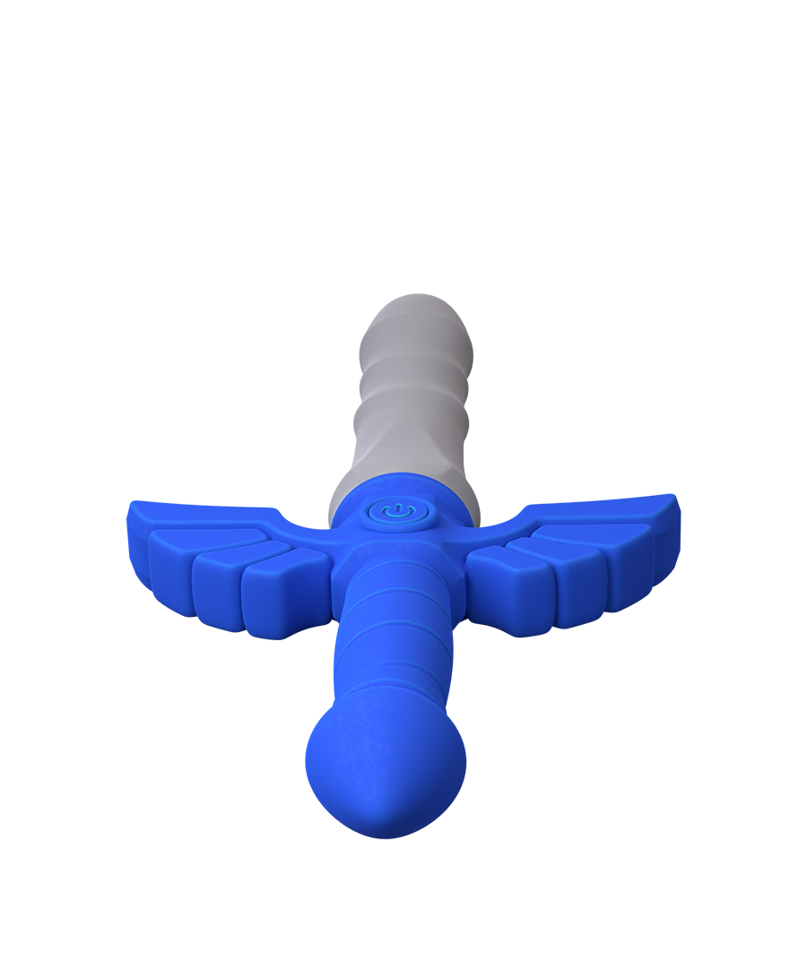 Top-down view of the Master Vibe Sword Dildo base showing wing flanges and gray ribbed shaft
