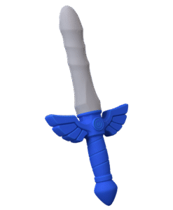 Close-up of the Master Vibe Sword Dildo shaft showing smooth gray silicone and blue wing texture