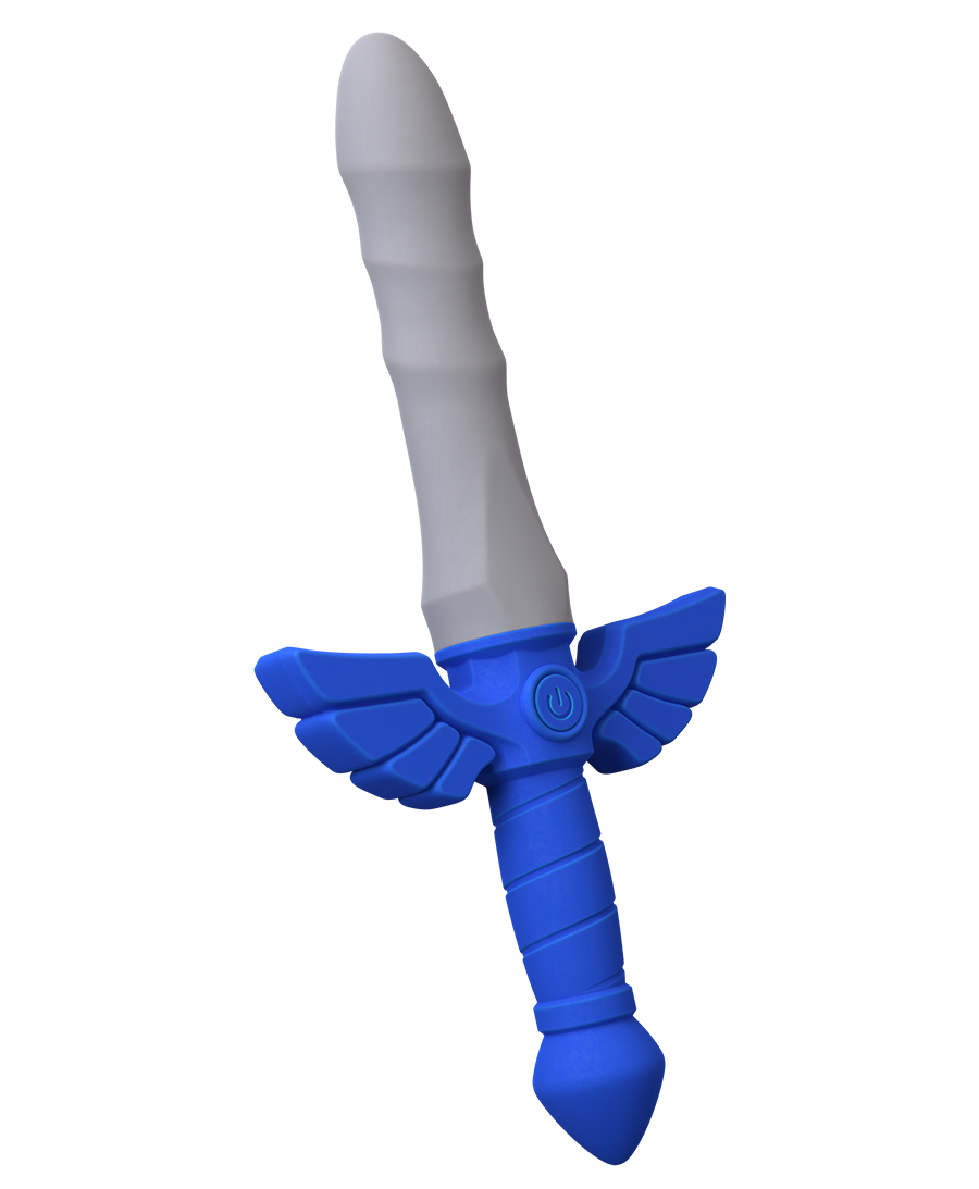 Close-up of the Master Vibe Sword Dildo shaft showing smooth gray silicone and blue wing texture