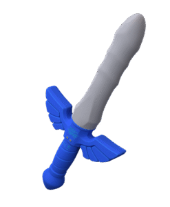 Angled view of the Master Vibe Sword Dildo with emblem detail on crossguard and ridged grip