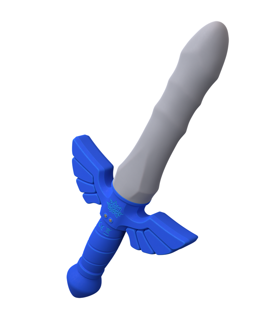 Angled view of the Master Vibe Sword Dildo with emblem detail on crossguard and ridged grip