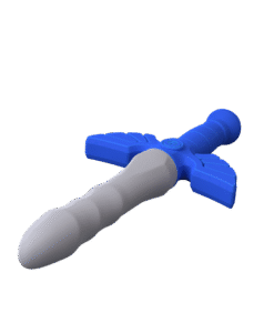 Diagonal shot of the Master Vibe Sword Dildo showing wing crossguard and power button detail