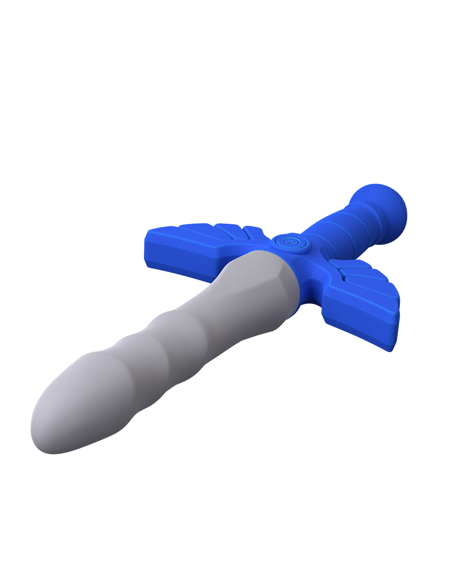 Diagonal shot of the Master Vibe Sword Dildo showing wing crossguard and power button detail