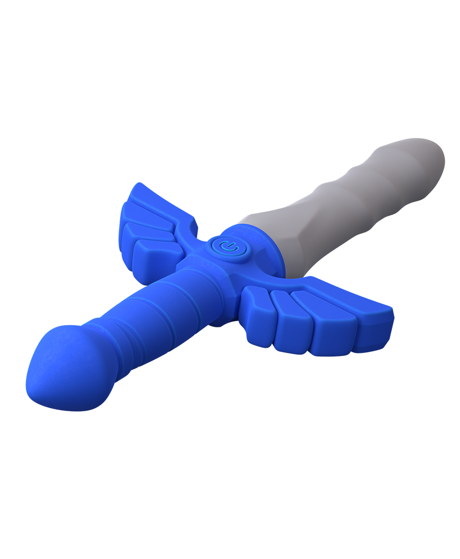 Three-quarter view of the Master Vibe Sword Dildo showing wing detail and segmented blade texture