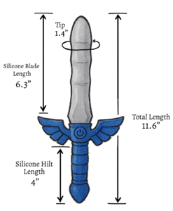 Illustrated dimensions diagram of the Master Vibe Sword Dildo showing 11.6 inch total length