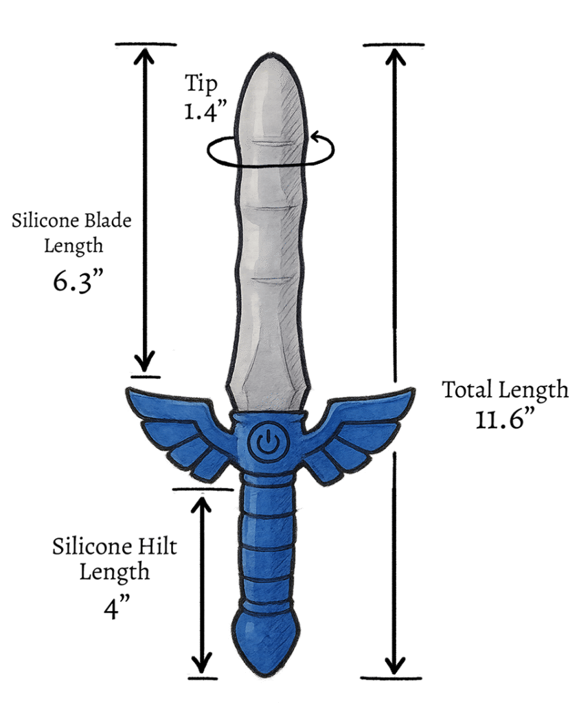 Illustrated dimensions diagram of the Master Vibe Sword Dildo showing 11.6 inch total length