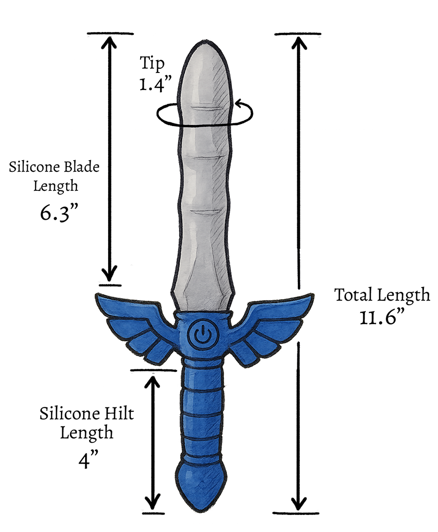 Illustrated dimensions diagram of the Master Vibe Sword Dildo showing 11.6 inch total length