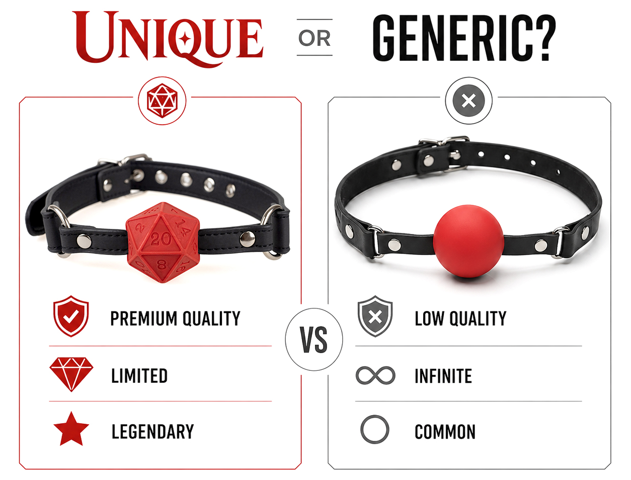 Comparison graphic showing the Geeky Sex Toys D20 Gag labeled Unique versus a plain generic ball gag labeled Generic.