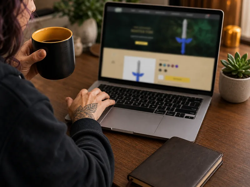 No Awkward Vibes trust tile: browsing Geeky product help on a laptop with a notebook