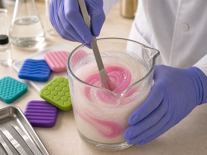 No Nasties trust tile: lab mixing body-safe silicone with colorful swatches