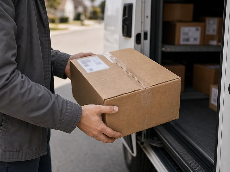 Your Secret's Safe trust tile: delivery driver lifting a taped plain parcel from a delivery truck