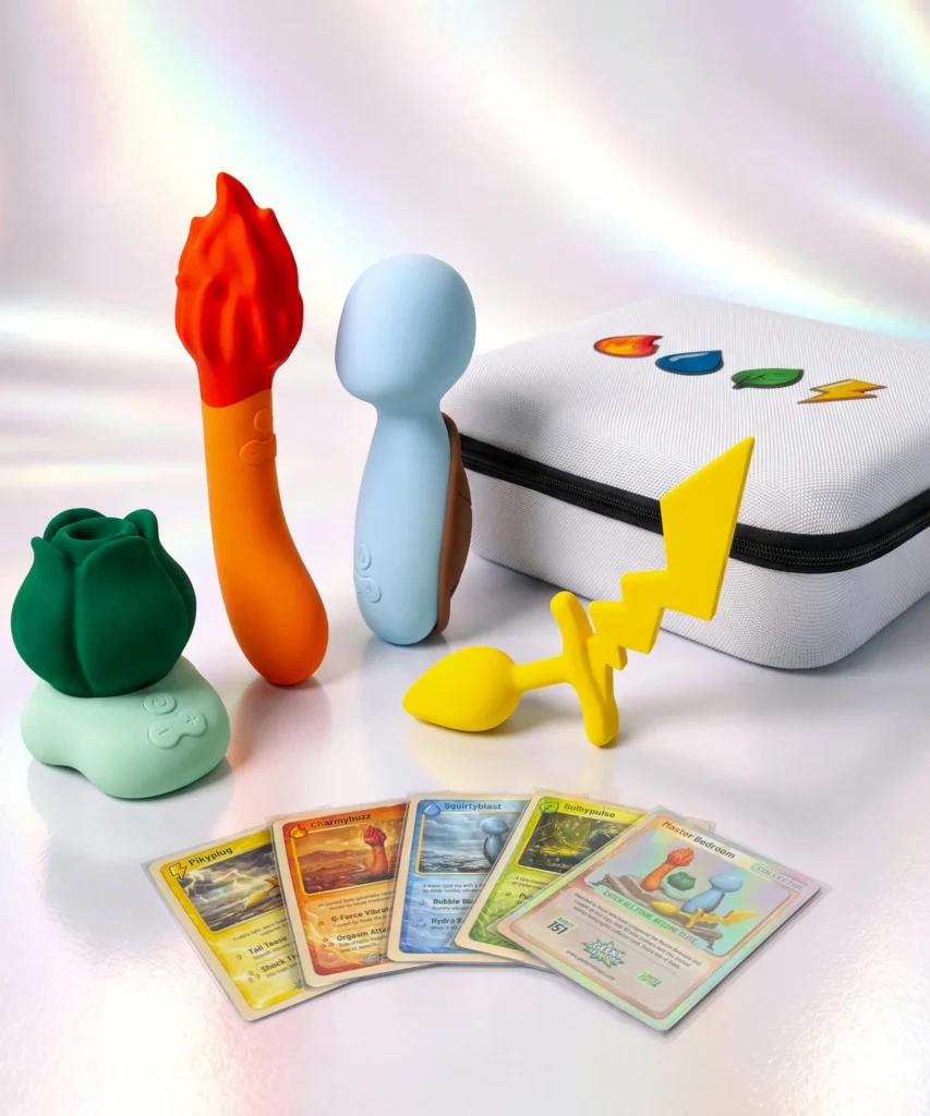 Pokemoan Collection with toys, trading cards, and collector case on holographic background