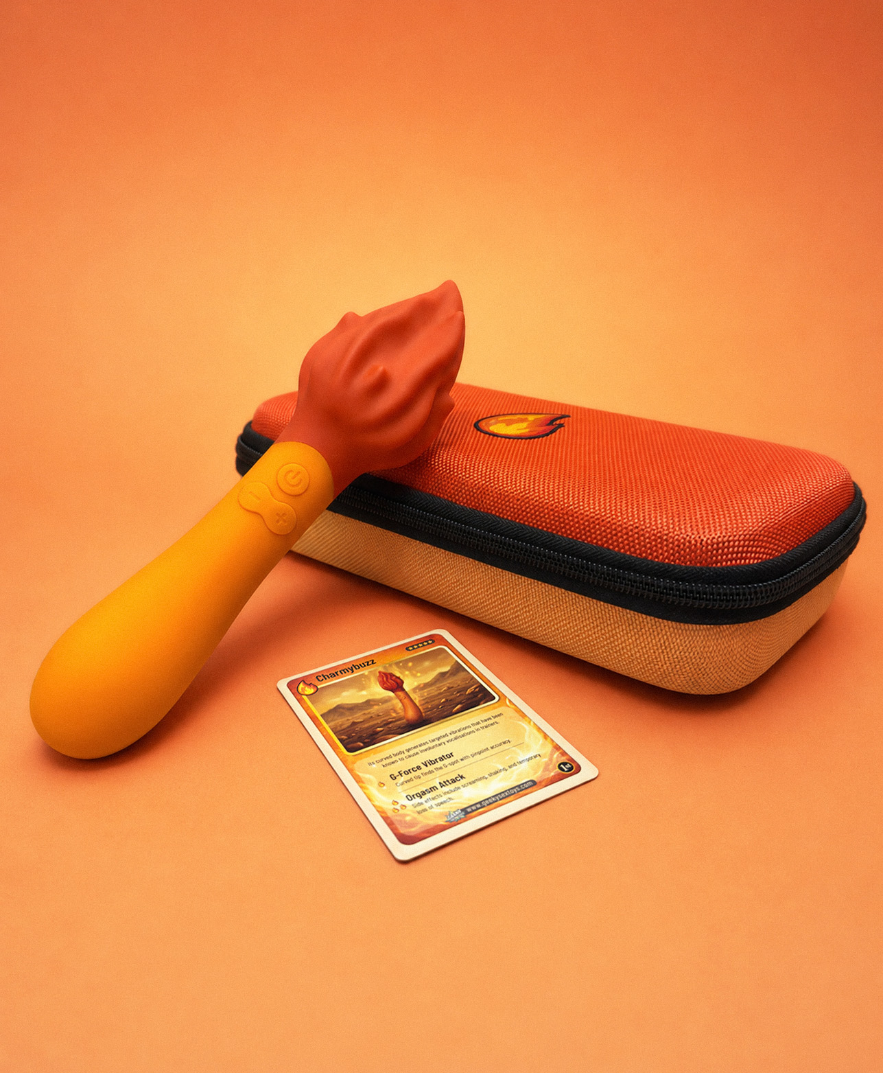 Charmybuzz vibrator with hard case, charging cable, and First Edition card