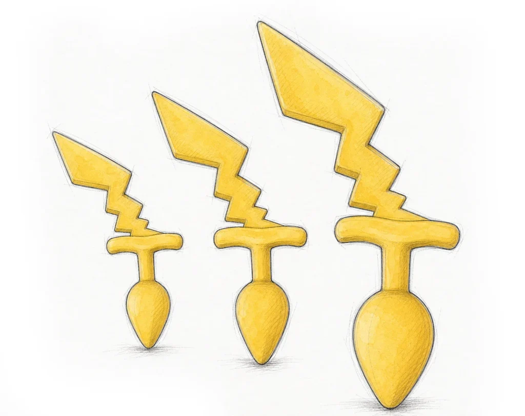 Pikyplug concept sketch showing Small, Medium and Large lightning-tail plugs