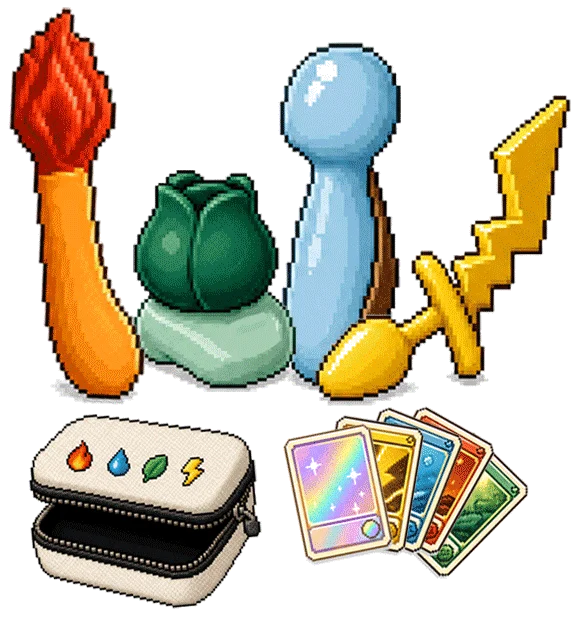 8-bit Pokemoan collection with all four toys, collector hard case, and trading cards.