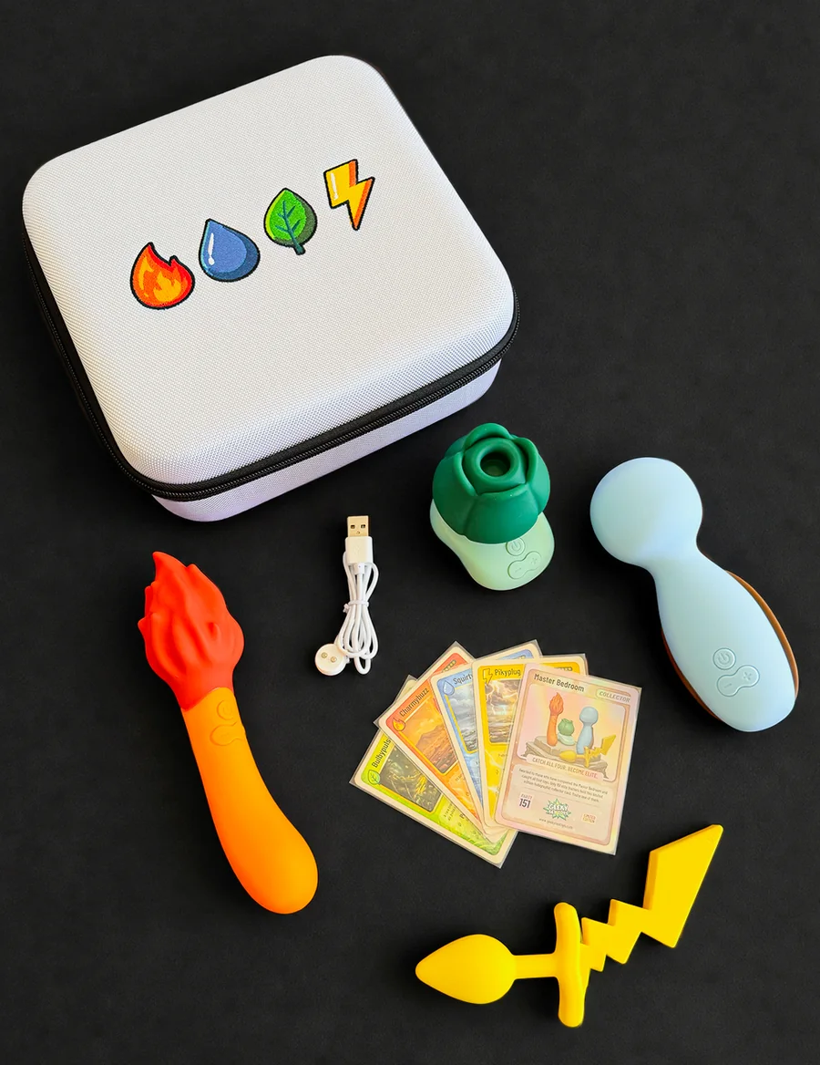 Pokemoan Collection flat lay with toys, trading cards, charger, and hard case