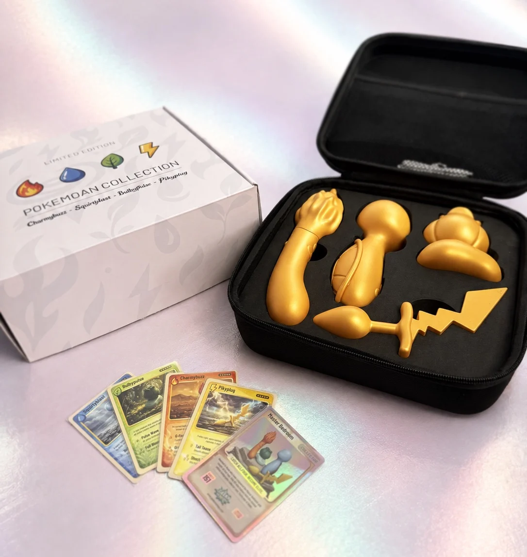 The shiny Pokemoan collection in its open black case, with all four gold products, packaging and five original collector cards