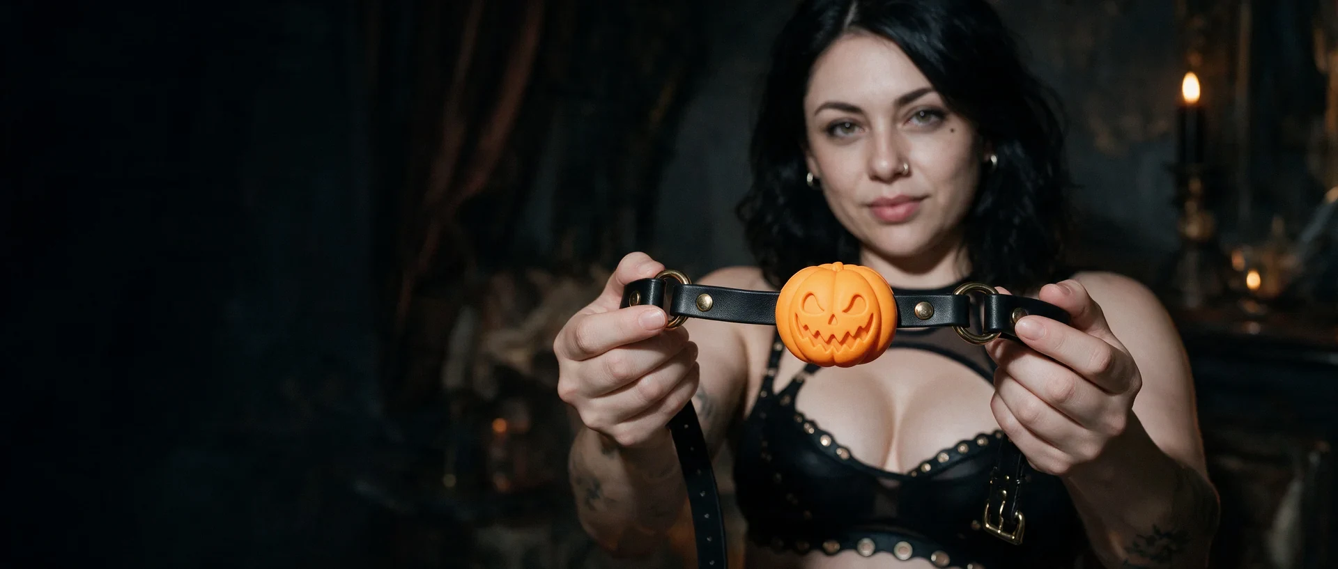 A model holds the orange Pumpkin Gag towards the camera in a dark candlelit room.