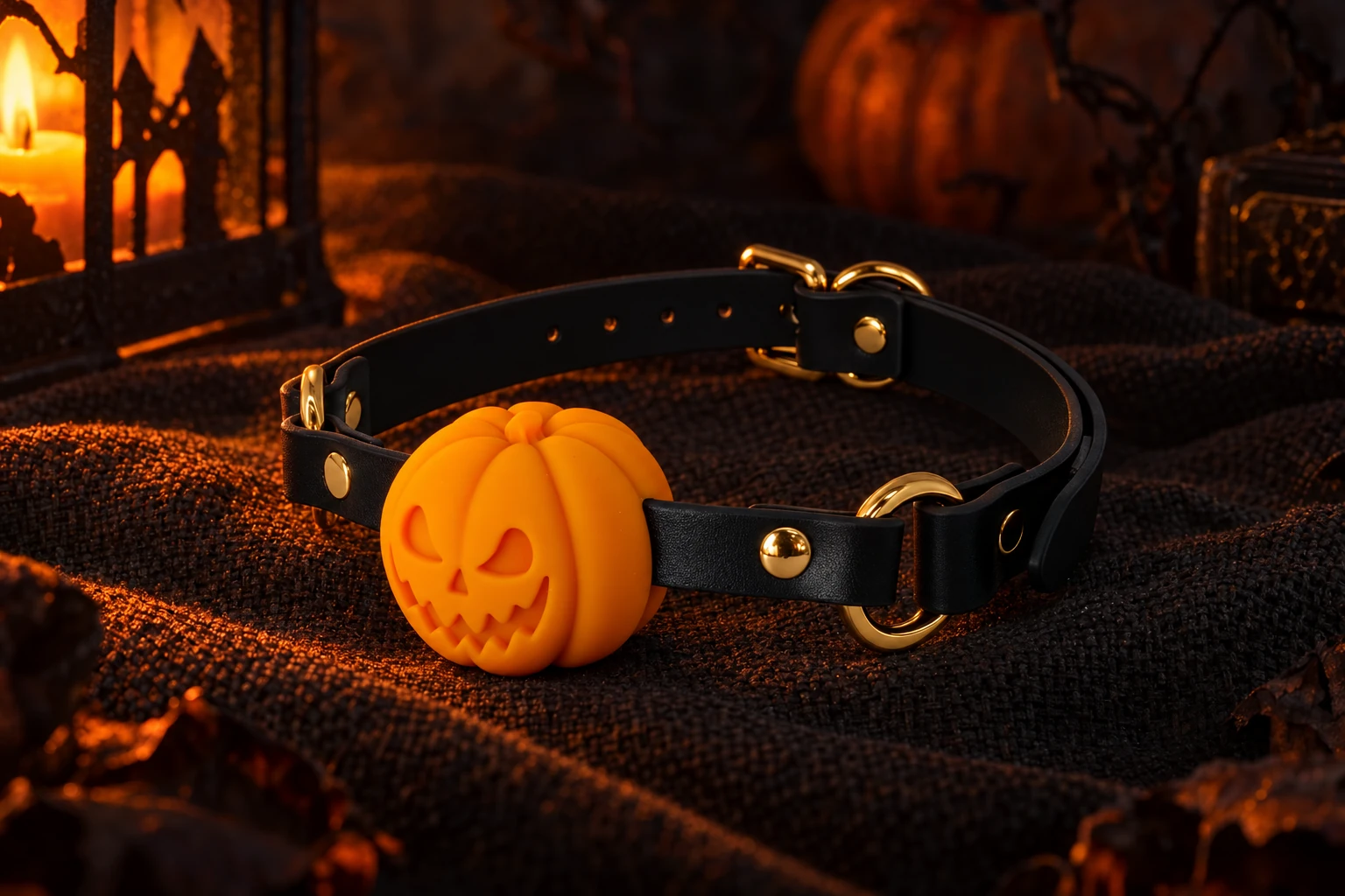 Orange Pumpkin Gag with black straps and polished gold hardware on dark woven fabric with a subtle orange glow